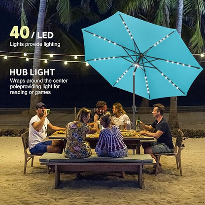 9ft Solar Umbrella Outdoor - Lighted Patio Umbrella with 40 LED Lights Waterprool Uv Protection, Table Umbrella with Tilt & Crank for Pool, Porch, Garden, Deck, Backyard(Sky Blue)
