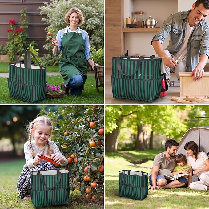 Classic Garden Tool Bag - Waterproof Green Checkered Garden Tote with 8 Pockets, Large Storage Home Organizer Gardening Tool Oxford Bag for Garden Tools Kits Holder, Gardening Gift for Women & Men