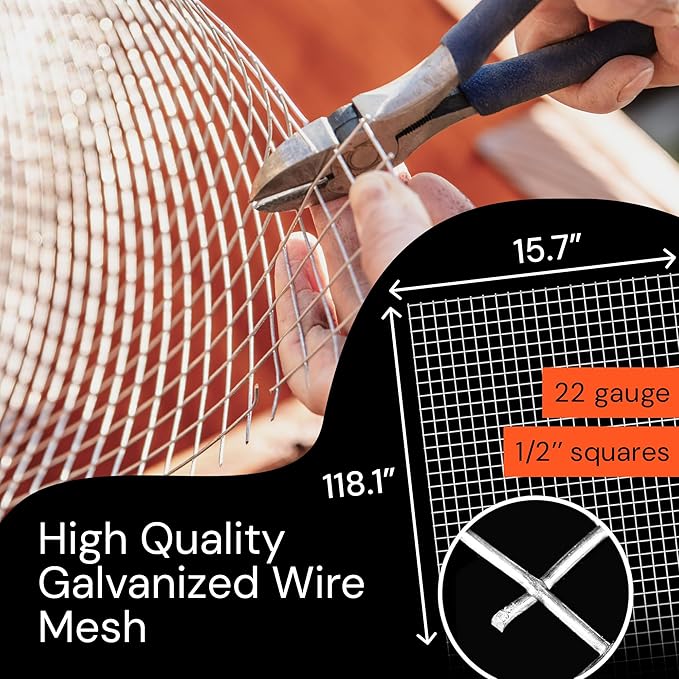 MaPorch Hardware Cloth Mesh - Galvanized Chicken Wire Mesh (15.7'' x 118.1', 1/2 Inch Square) for Chicken Coop, Rabbit and Poultry Fencing - Wire Fence - Metal Fencing