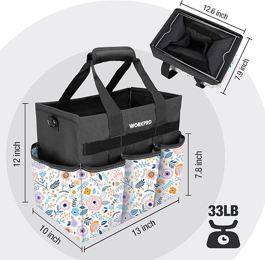 WORKPRO Garden Tool Bag Organizer, Heavy Duty Gardening Tote Bag with 10 Pockets and Long Adjustable Shoulder Strap, Standable Garden Home Tool Kits Organizer, Floral White (Tools are not Included)