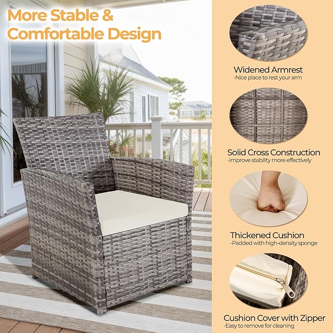 FHFO 4 Piece Outdoor Patio Furniture Sets, Wicker Sectional Conversation Sofa Set, Rattan Chairs Table Loveseat with Cushions for Outside Balcony Porch Backyard (Gray-Beige)