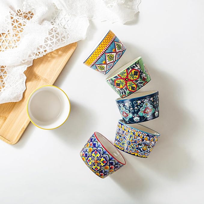 8 oz Ceramic Ramekins Set of 6, Bohemian Baking Bowls & Soufflé Cups | Oven Safe, Ideal for Soufflés, Crème Brûlée, Pot Pies, Mac & Cheese, Dips & Single-Serve Meals