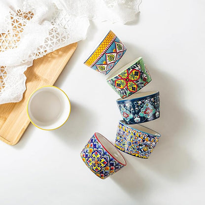 8 oz Ceramic Ramekins Set of 6, Bohemian Baking Bowls & Soufflé Cups | Oven Safe, Ideal for Soufflés, Crème Brûlée, Pot Pies, Mac & Cheese, Dips & Single-Serve Meals
