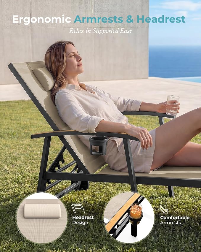 Ciokea Outdoor Lounge Chair with Pillow Set of 4, 5-Position Chaise Lounges with Wheels & Armrests, 400 lbs Heavy Duty Aluminum Pool Lounge Chairs, for Deck, Beach, Backyard & Poolside, Khaki