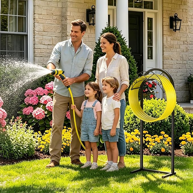 Garden Hose Holder with Pattern Heavy Duty Freestanding Holds 150ft | Auto-Grade Coat, Wide Base: No-tip yard stand. Drill-free: grass/decks. Tool-free twist, top tray for nozzles.