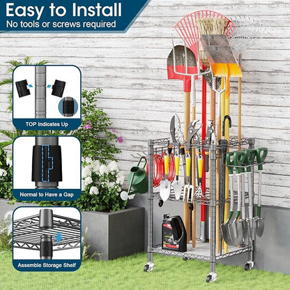 T1 Garden Tool Organizer（with Lockable Wheels） Storage UP to 50 Tools Heavy Duty 7-Tier Over The Toilet Storage（with Basket and Paper Hook） with Adjustable Feet