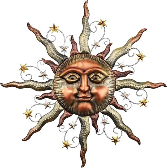 TERESA'S COLLECTIONS Sun Metal Wall Art for Outdoor Decor,32" Bronze Sun Face 3D Wall Decor for Garden Decor,Rustic Retro Hanging Sculpture for Outside Living Room Home Patio Farmhouse Gifts for Mom