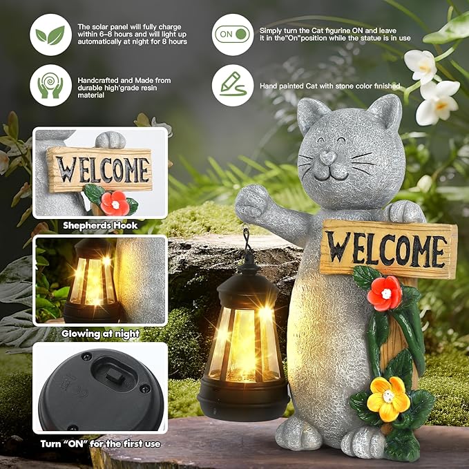 Solar Cat Statue Outdoor Decor-9.4" Welcome Garden with Sculpture Solar Lantern Flowers,Weatherproof Resin Art for Patio, Lawn,Yard Outside, for Women,Grandma,Adults,Kids,Cat Lovers