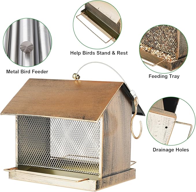 Bird Feeder, Large Capacity Bird Feeders for Outdoor Hanging Hold 4 LB Seed, Heavy Duty Metal Wild Birdfeeder with 2 Perches, Sturdy & Easy to Refill