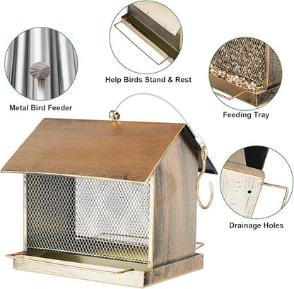 Bird Feeder, Large Capacity Bird Feeders for Outdoor Hanging Hold 4 LB Seed, Heavy Duty Metal Wild Birdfeeder with 2 Perches, Sturdy & Easy to Refill