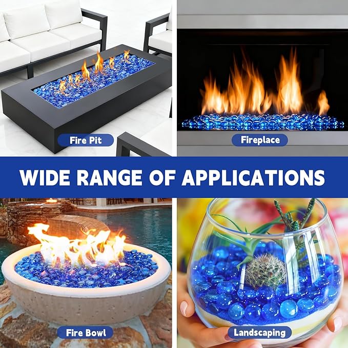10 Pounds Fire Glass Beads,3/4 Inch High Luster Round Fire Glass for Gas Fireplace, Fire Pit Table,Landscaping, Caribbean Blue