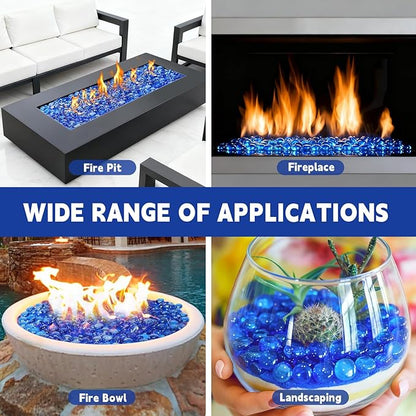 10 Pounds Fire Glass Beads,3/4 Inch High Luster Round Fire Glass for Gas Fireplace, Fire Pit Table,Landscaping, Caribbean Blue