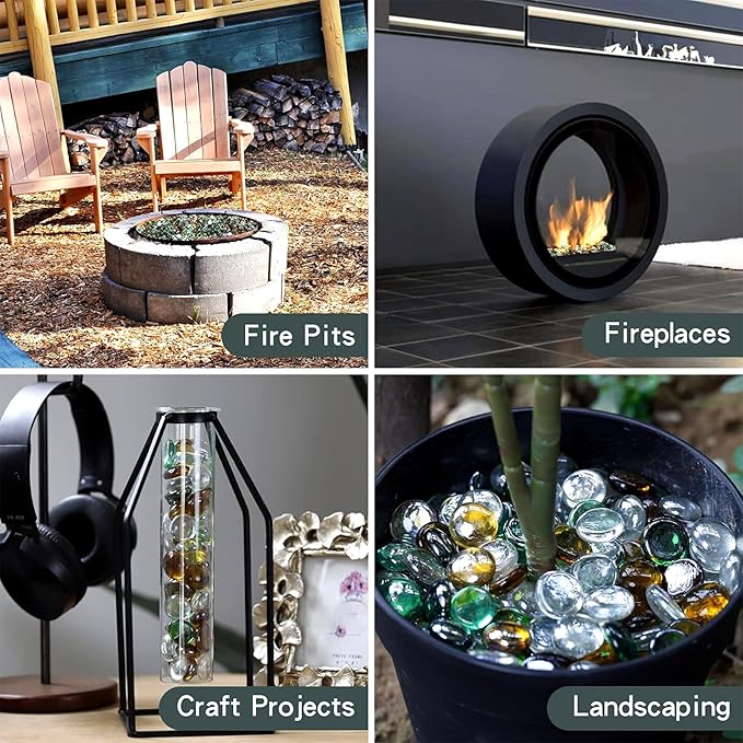 onlyfire 10 Pounds Fire Glass Beads for Propane Fire Pit and Gas Fireplace, 1/2 Inch Round Blended Firepit Glass Rocks Flat Marbles for Fire Pit Table, Emerald Green, Crystal Ice and Caramel Luster