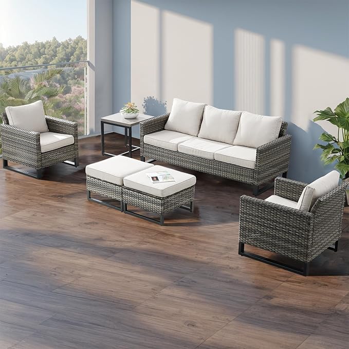 Wicker Outdoor Patio Furniture Set - 5 Piece Patio Conversation Set with 2 Wicker Armrest Chairs,2 Rattan Ottoman and 1 Metal Side Table for Outside Porch Deck Backyard Garden(Mixed Grey/Beige)