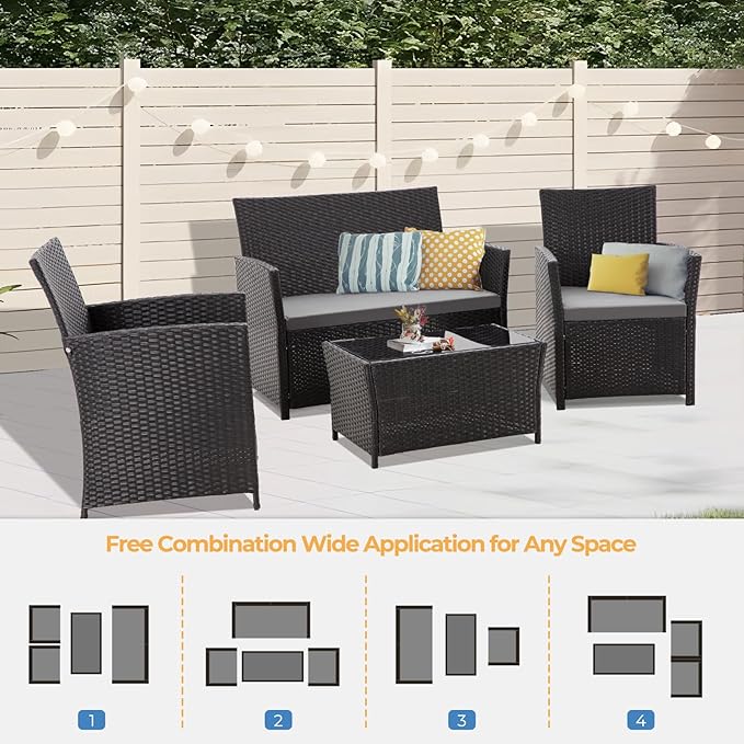 FHFO 4 Piece Outdoor Patio Furniture Sets, Outside Furniture Outdoor Sectional Wicker Conversation Sofa Set, Rattan Couch Set for Balcony Porch Backyard (Black-Grey)
