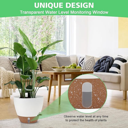 12" 10" 9" 8" Self Watering Pots with Water Level Indicator, Large Plastic Planters Set with Mesh Drainage Hole and Removable Saucer Reservoir, Big Flower Pot for Indoor Outdoor Plants - White
