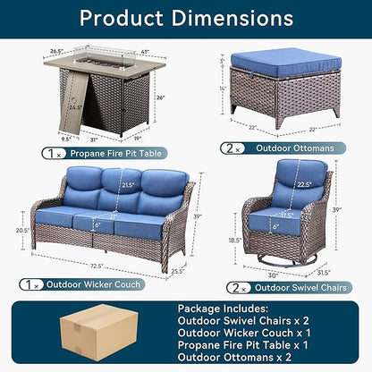 Luxury High Back Outdoor Furniture 6-Inch Thick Cushions with 50,000 BTU Gas Propane Fire Pit Tablet, Patio Furniture Set with Swivel Chairs, 6 PCS for Porch, Balcony, Deck and Yard