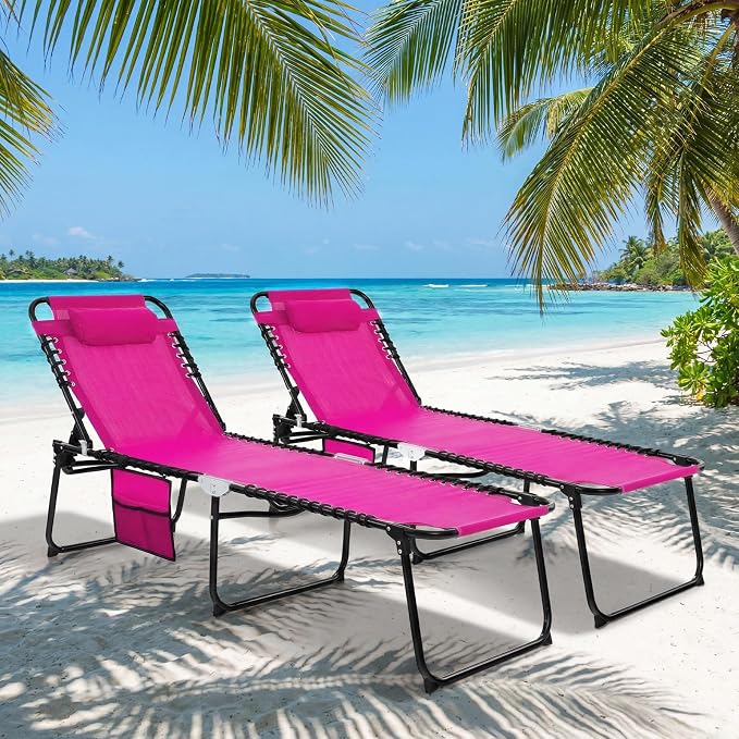 Goplus Folding Beach Lounge Chair w/Pillow for Patio Backyard Park Indoor and Outdoor, Adjustable 4-Level Backrest and 2-Level Footrest (Pink, 1 PCS Ordinary Size)