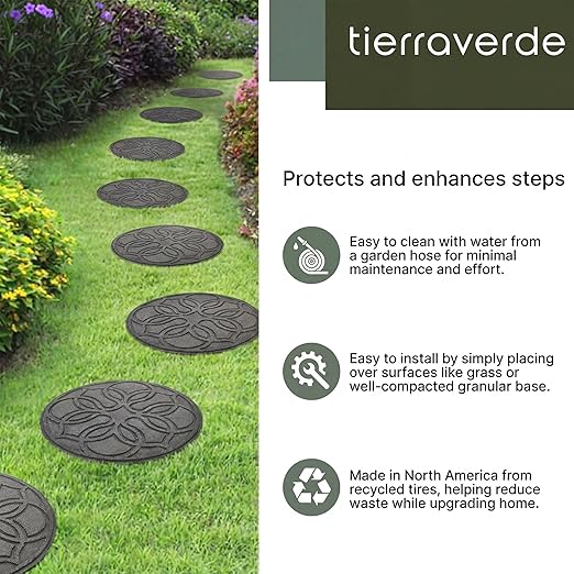 Garden Central TierraVerde 4-Pack 18”x18” Fake Pendant Rubber Stepping Stones, Round, Grey – Reversible Non-Slip Outdoor Faux Decorative Set for Landscaping – DIY Decor for Walkways & Yard Pathways