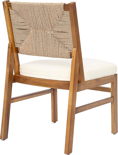 Christopher Knight Home Alan Outdoor Dining Chairs Set of 2, Wicker Woven Back Dining Chairs, Cushion Armless Chair, Hourglass Shaped Design Back, Acacia Wood Chair for Poolside Garden, Teak+Cream