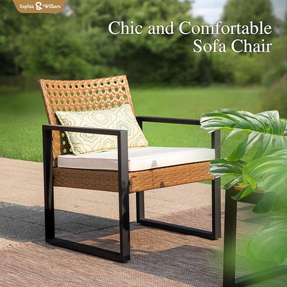 Sophia & William 4 Pieces Patio Conversation Set, Wicker Outdoor Furniture Set for 4, All Weather Outdoor Seating Set, Rattan Loveseat & Single Chairs with Cushions & Acacia Wood Coffee Table, Beige