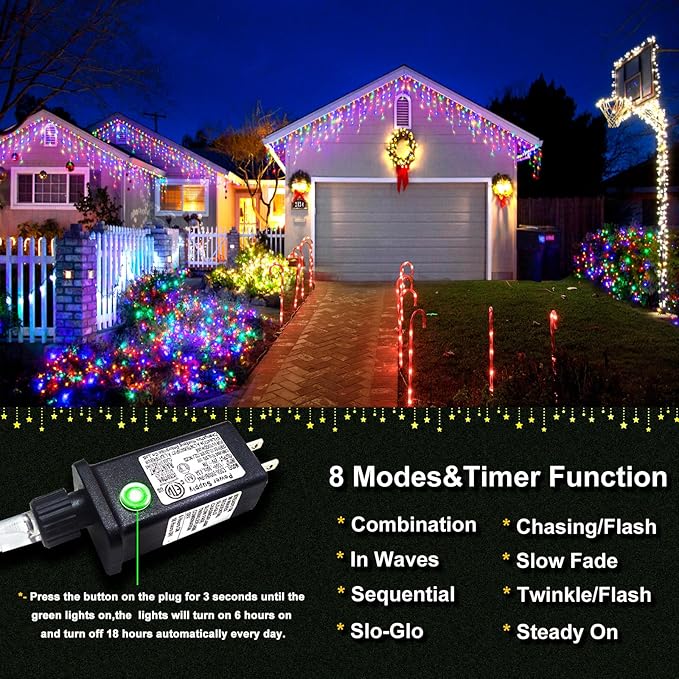 Icicle Christmas Lights Outdoor - 33ft 400 LED Icicle Lights for Outside with 75 Drops, Waterproof Plug in Christmas Light with Timer for Party, Holiday, Wedding, Christmas Decoration, Multicolor