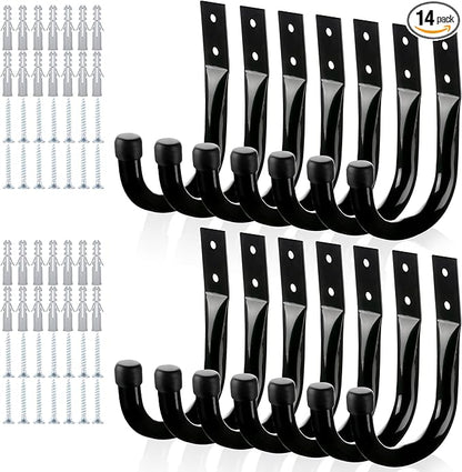 KURUI Large Metal Wall Hooks for Hanging Living Room/Bedroom/Garage, 14Pcs Garage Organization and Storage Hook for Tool Coat Backpack Bag, Black Wall Mount Hanges for Outdoor Indoor