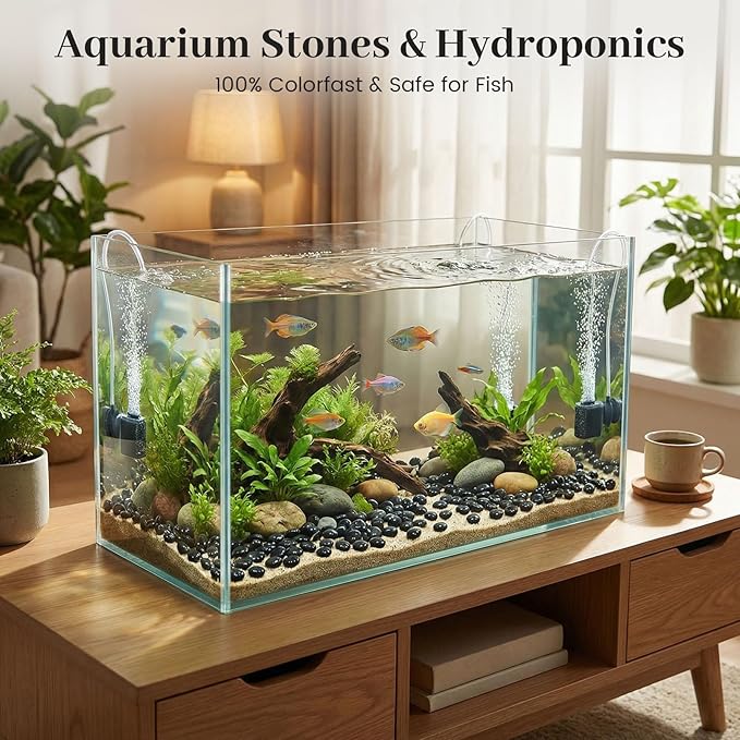 FUTUREPLUSX 5LB Black Flat Glass Marbles, Gemstone Beads, Aquarium Rocks Fish Tank, Gravel Stones Bulk Pebbles Decorative Beads for DIY Crafts Vase Fillers Table Scatter Decor