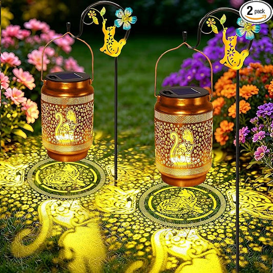 2 Pack Cat Solar Lanterns Outdoor Waterproof Solar Garden Decor, Birthday Gifts for Mothers Day Women Mom Grandma, Metal Hanging Lights with Shepherd Hook for Outside Yard Patio Pathway Backyard