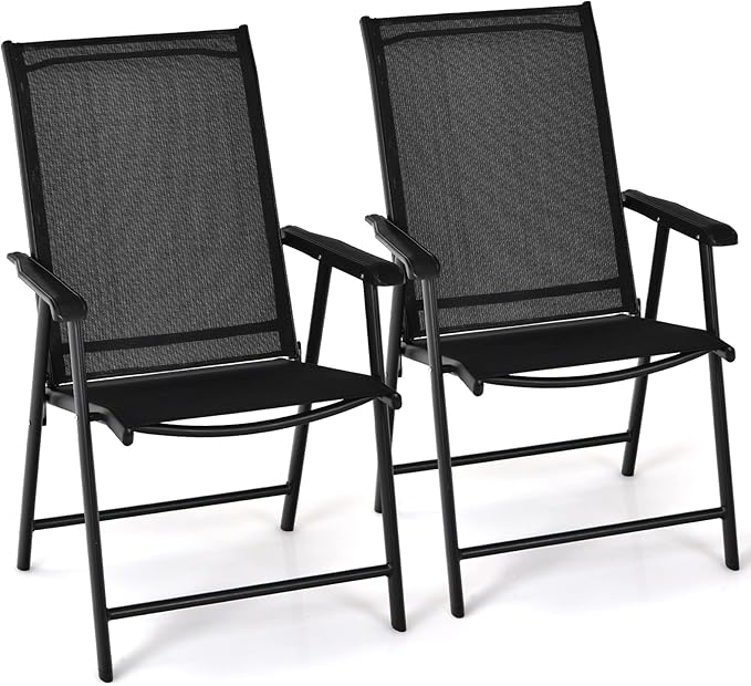 Tangkula Set of 2 Patio Folding Chairs, Outdoor Fabric Dining Chairs with High Back & Armrests, Sturdy Metal Frame for Patio Lawn Garden (Black)