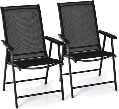 Tangkula Set of 2 Patio Folding Chairs, Outdoor Fabric Dining Chairs with High Back & Armrests, Sturdy Metal Frame for Patio Lawn Garden (Black)