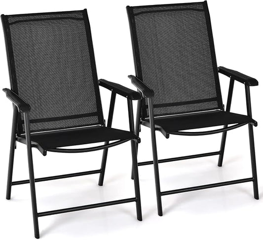 Tangkula Set of 2 Patio Folding Chairs, Outdoor Fabric Dining Chairs with High Back & Armrests, Sturdy Metal Frame for Patio Lawn Garden (Black)