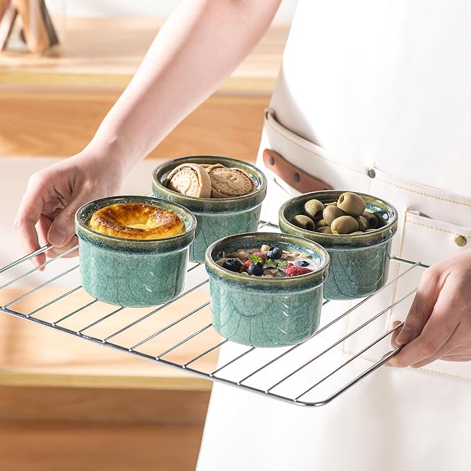 Ramekins 6 oz Oven Safe for Creme Brulee, Souffle Dishes - Ceramic Baking Bowls Set of 4 for Pudding Cups, Custard, Ice Cream, Dips and Appetizers - Moss Green