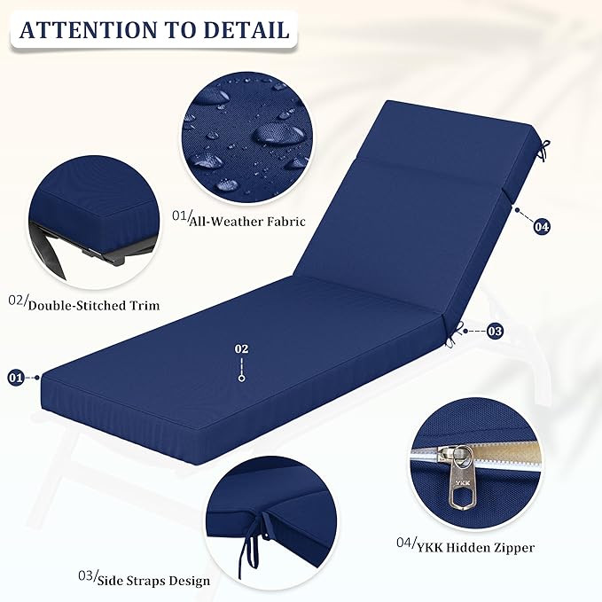 Chaise Lounge Cushions Outdoor, 80" L X 26" W X 4" D Lounge Chair Cushions for Outdoor Furniture, High-Density Foam Outdoor Chaise Cushion-Waterproof Fade-Resistant ThickPatio lounge chair cushion