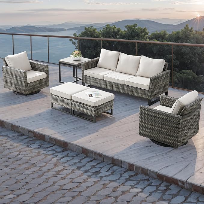Wicker Outdoor Patio Furniture Set - 5 Piece Patio Conversation Set with 2 Swivel Rocker Chairs,2 Rattan Ottoman and 1 Metal Side Table for Outside Porch Deck Backyard Garden(Mixed Grey/Beige)