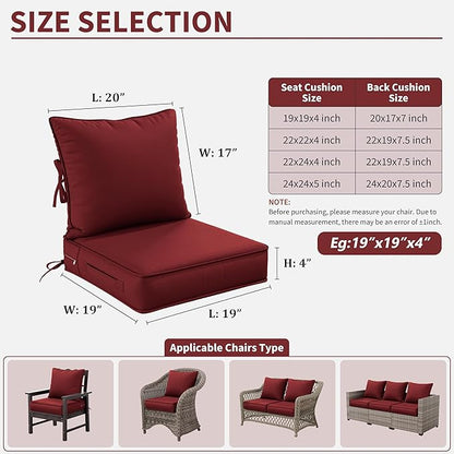 Premium Outdoor Seat Cushion Chair Cushions for Patio Furniture 19 L X 19 W X 4 H Waterproof & Fade Resistant Deep Seat and Backrest Cushion Set with Removable Covers for Chair, Sofa
