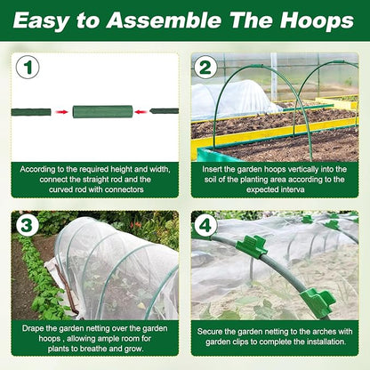 Garden Netting Kit, 10 X 50FT Garden Netting Pest Barrier with 10 Sets Garden Hoops and 20pcs Clips, Insect Netting Row Cover for Raised Beds Vegetable Fruits Flowers Protection