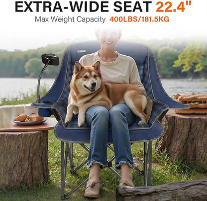 Oversized Camping Chairs for Adults- Heavy Duty Extra Large Lawn Chair,Folding Comfy Padded Camp Chair for Outdoor Sports Garden Beach Fishing,Wide&Thick,Blue Plaid