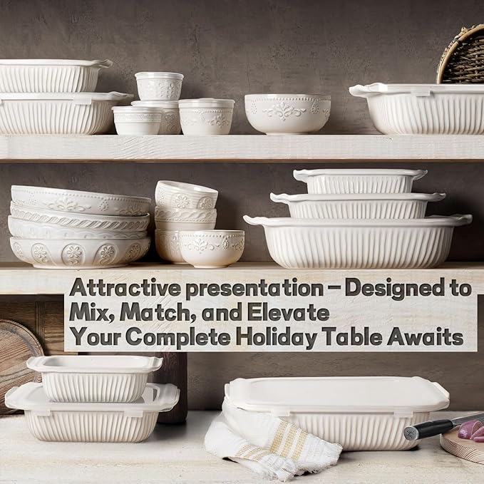 Artena Casserole Dishes For Oven, Ceramic Baking Dish, Large Lasagna Pan With Handles, Baking Pan Casserole Dish, Rectangular Bakeware Deep, Set Of 3 (5.1Qt/2.3Qt/1.1Qt) (White, With Lids)