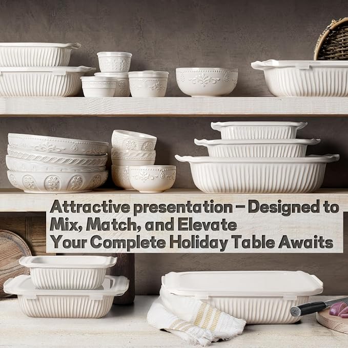 Artena Baking Dish 5.1 Quarts, Casserole Dishes For Oven, Baking Pan With Handles, Lasagna Pan Deep, Large Casserole Dish, Rectangular Ceramic Bakeware (White, With Lid)
