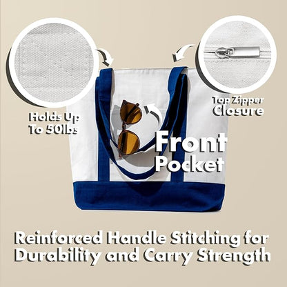 Carrywell (Not Made In China) Canvas Tote Bags with Zipper 6-Pack, 15"x 21", Heavy Duty Organic Cotton With Handles and Front Pocket, Reusable Shopping Totes