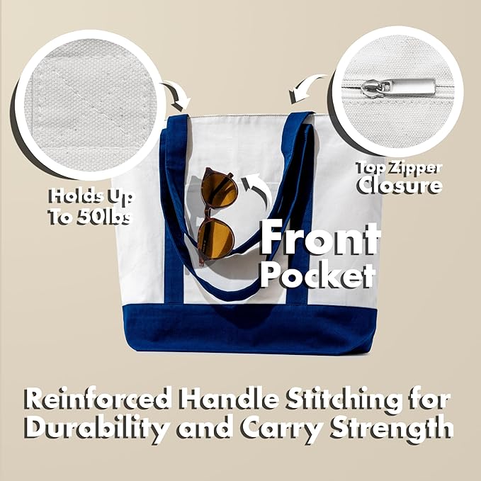 Carrywell (Not Made In China) Canvas Tote Bags with Zipper, 15"x 21", Heavy Duty Organic Cotton With Handles and Front Pocket, Reusable Shopping Totes