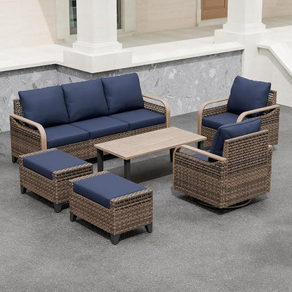 Modern Wicker Patio Furniture Set, Rattan Outdoor Conversation Set with Comfortable Cushions, 2 Swivel Rocking Chairs, 3 Seat Couch, 2 Ottomans and Coffee Table, 6 Pieces, Brown/Blue