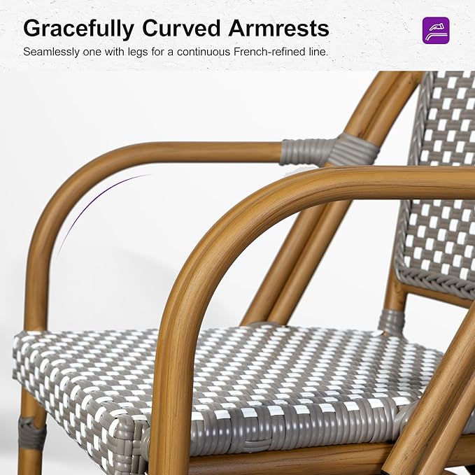 PURPLE LEAF French Bistro Chairs Set of 2 Aluminum Hand-Woven Rattan Wicker Dining Chairs with Arms for Outdoor Porch Garden Bamboo Print Finish Grey