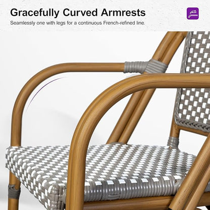 PURPLE LEAF French Bistro Chairs Set of 2 Aluminum Hand-Woven Rattan Wicker Dining Chairs with Arms for Outdoor Porch Garden Bamboo Print Finish Grey