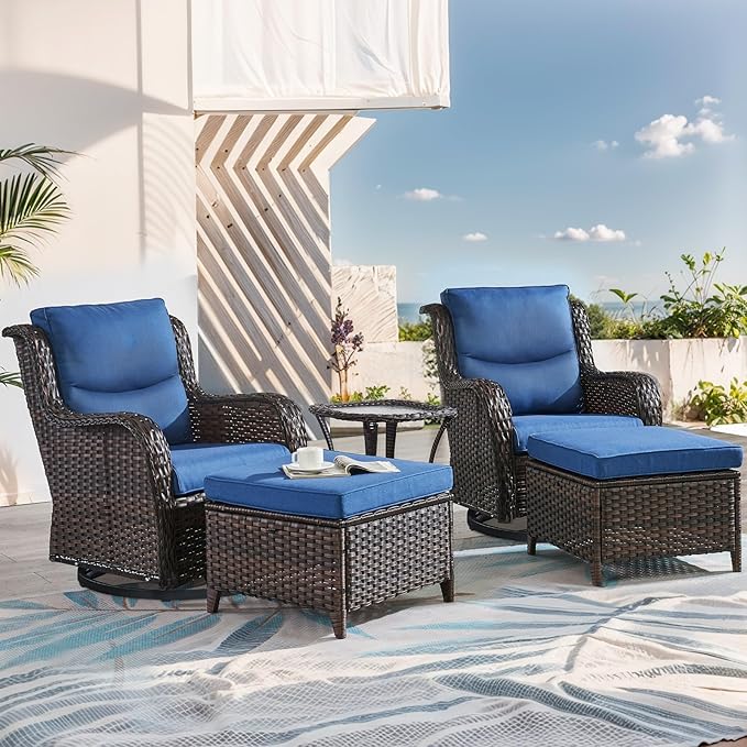 Patio Conversation Set with Smile-Shaped Cushions, Luxury Outdoor Swivel Chairs with Side Table and Ottomans, 5PCS PE Rattan Swivel Glider Chairs Set, Brown Wicker|Blue Cushions