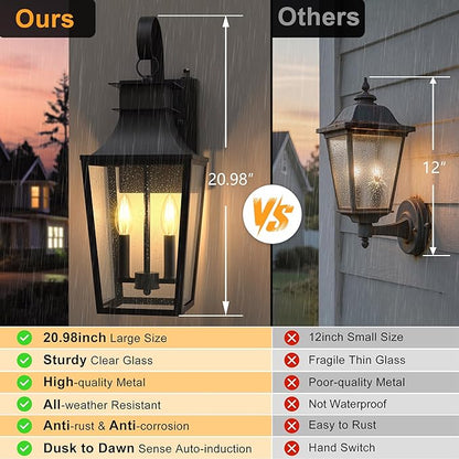 𝟐𝟎.𝟗𝟖-𝐈𝐍𝐂𝐇 Outdoor Wall Lights 2-Light, Waterproof Exterior Light Fixtures Wall Mount Outside Light with Glass, Dusk to Dawn Outdoor Wall Lantern for Porch, House, Garage, Black