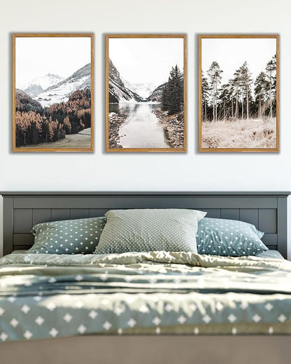 UPWOIGH Large Framed Canvas Wall Art, Set of 3 Pine Trees, 16x24 in Minimalist Cotton Posters, Mountain Landscape Photography, Modern Botanical Aesthetic for Living Room, Bedroom, Office