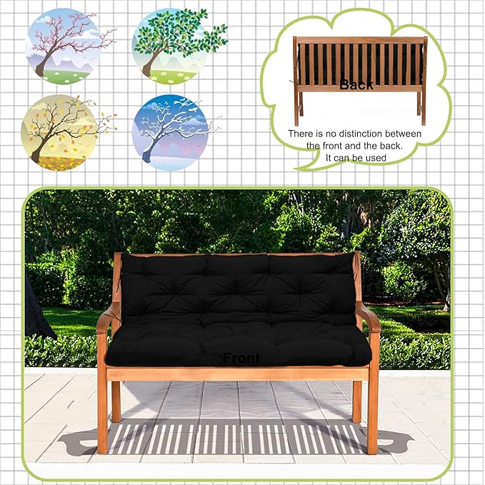 Swing Replacement Cushions with Backrest, 2 or 3 Seater Waterproof Non-Slip Overstuffed Swing Pad, Indoor/Outdoor Bench Cushion for Porch Chair Garden Furniture (Black, 40 * 71 in)