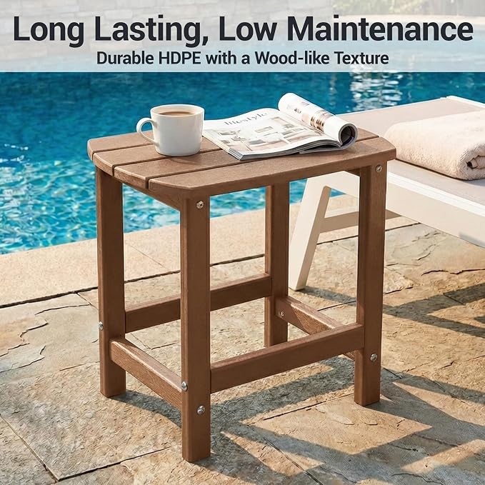HDPE Patio Side End Table, Waterproof Outdoor Small Table for Patio, Garden, Poolside, Balcony, Deck, Porch, Backyard, Outdoor or Indoor Use, Brown